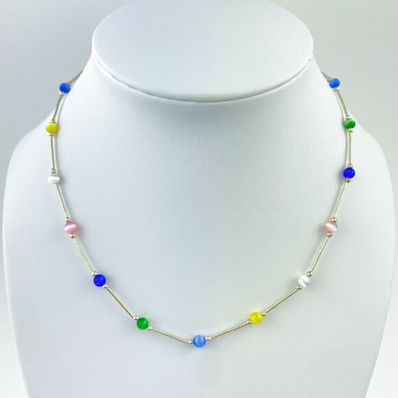 New Sterling Silver 925 Multicolor Synthetic Cat's Eye Beaded Necklace 15.75" - Picture 1 of 5